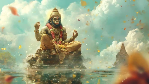 Majestic monkey-headed deity statue over tranquil water.