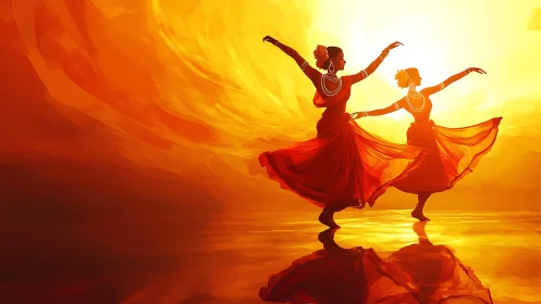 Silhouetted dancers in flowing red skirts at sunset glow.