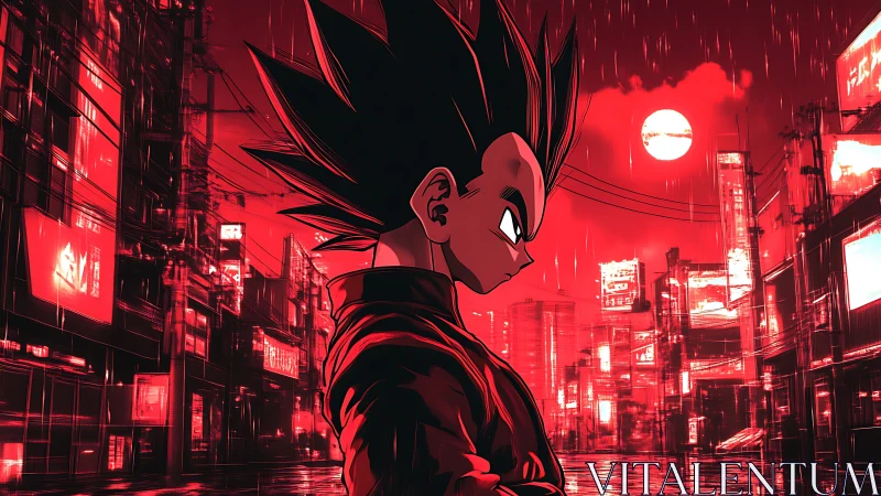 Cyberpunk anime warrior in neon-soaked dystopian streetscape.