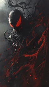 Symbiotic shadow entity emerges amid searing crimson tendrils