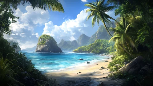 Tropical Lagoon Bay with Lofted Volcanic Islet Formation.