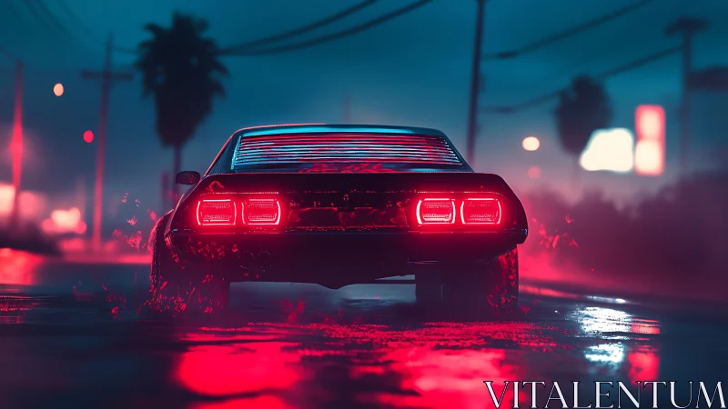 Neon muscle car blasts through rainy cyberpunk street at night.