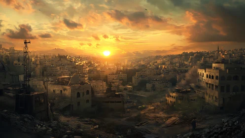 War-torn hillside city glows under a haunting sunset sky.