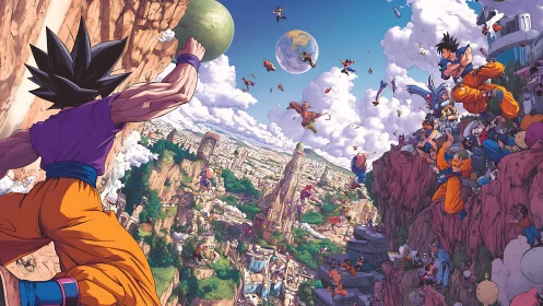 Martial artists clash above canyon city under vivid sky