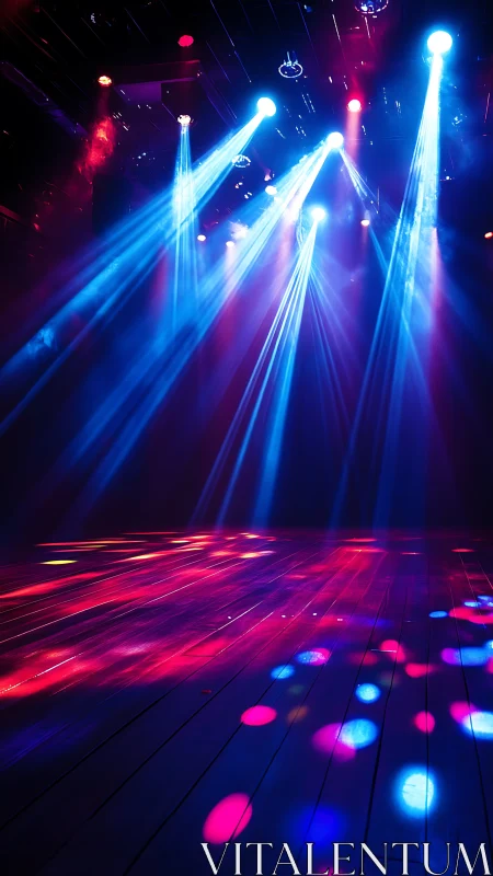 Stage lighting beams project onto empty reflective floor surface