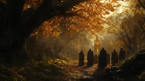 Cloaked figures approach a glowing tower through autumn woods.