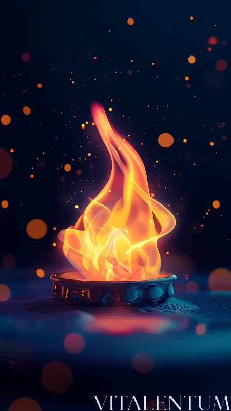 Incandescent Flame Rising From Technological Platform In Dark Ambient Space