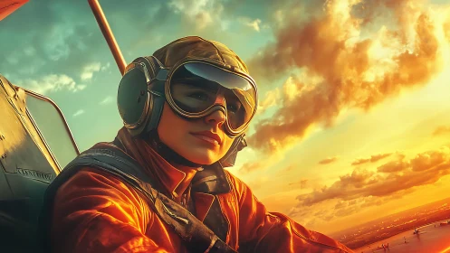 Pilot in open cockpit aircraft looks over wing at sunset