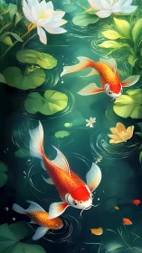 Graceful koi glide through a tranquil lily-filled pond