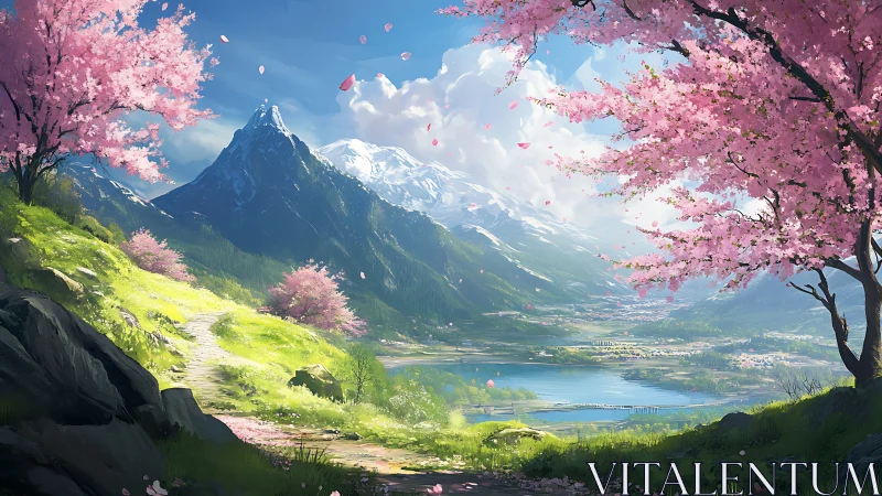 Spring valley path beneath cherry blossoms and shining peaks.
