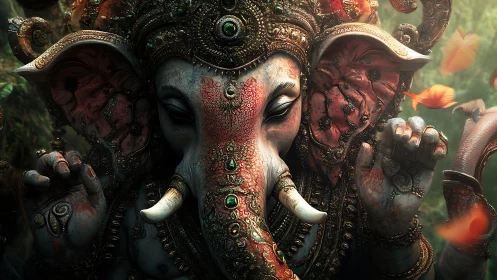 Ornate elephant deity statue glows amid drifting petals