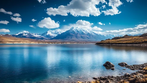 Snow capped mountain range mirrored in calm blue lake.