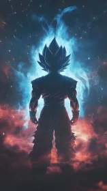 Cosmic warrior stands glowing with fierce blue energy.