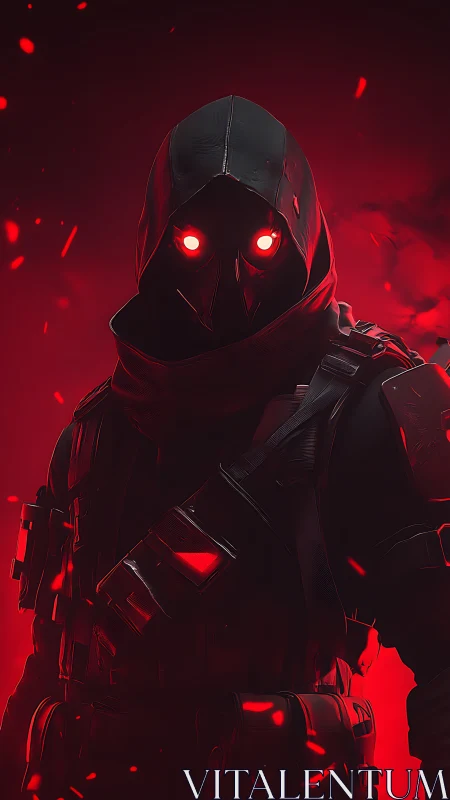 Hooded cyber assassin with glowing red eyes in embers