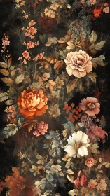 Opulent florals blooming against a textured dark ground.