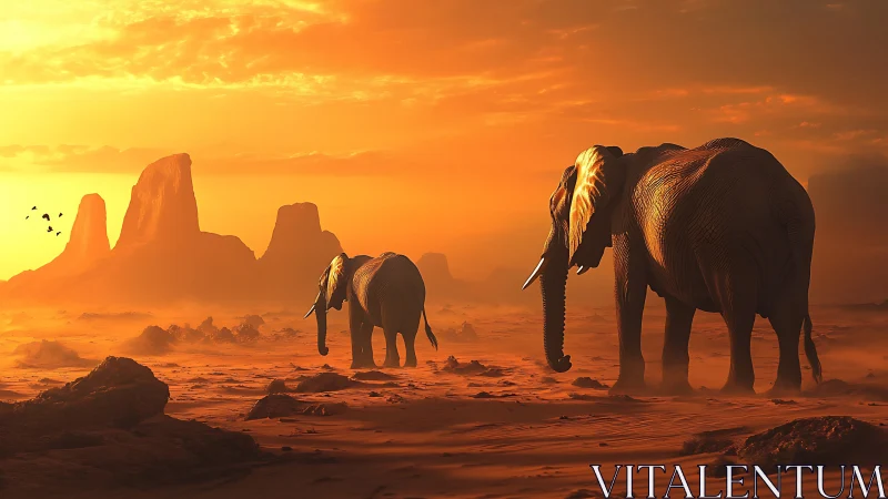 Elephants traverse a sunlit desert plain in cinematic backlight