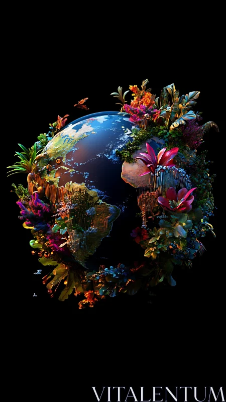 Blooming Planet: Earth Crowned with Radiant Flowers.