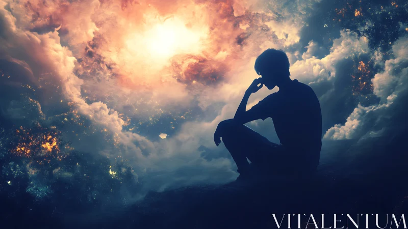 Quiet thinker resting inside a swirling cosmic daydream.