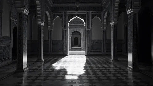 High contrast Mughal-style colonnade shows axial lighting gradient