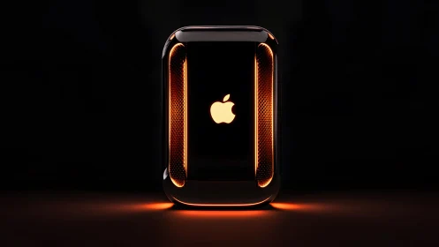 Futuristic Apple desktop computer concept with glowing orange accents.