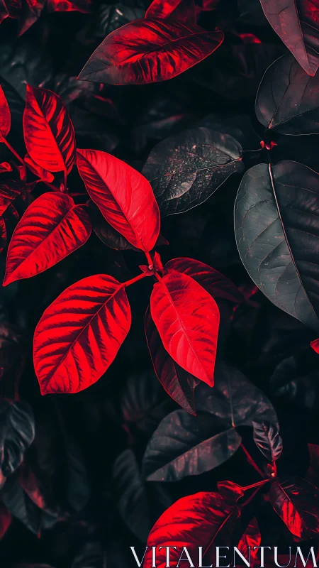 Red tropical leaves fill frame under dark moody lighting