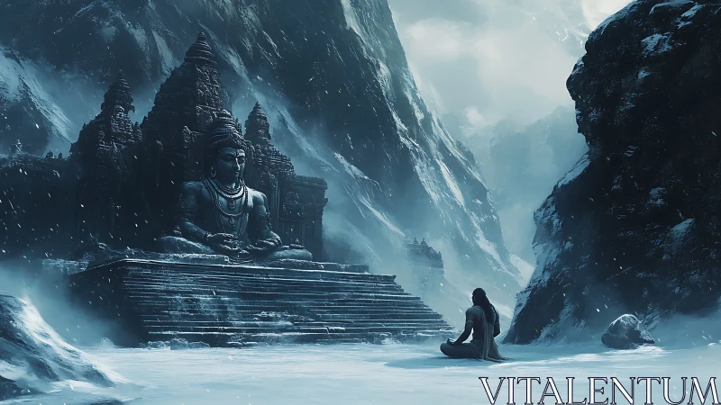 Silent mountain deity and lone seeker in a frozen sanctuary.