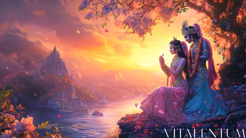 Digital painting of divine lovers by luminous river sunset.