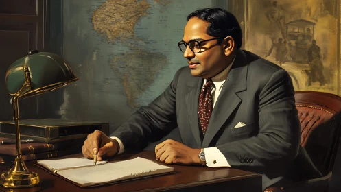 Statesman in tailored suit drafting policy at wooden desk.