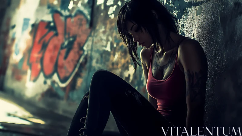 Moody street portrait of tattooed woman in urban shadows.