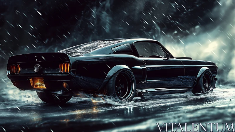 Rain-soaked muscle car rendered with cinematic high-contrast lighting