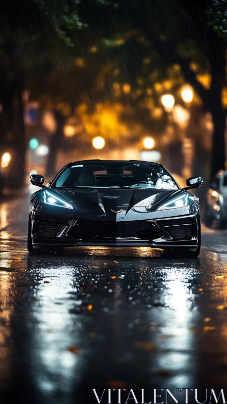 Sleek sports car gleams on a rainy city street at night.