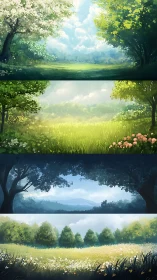 Lush tree framed landscapes in soft seasonal light.