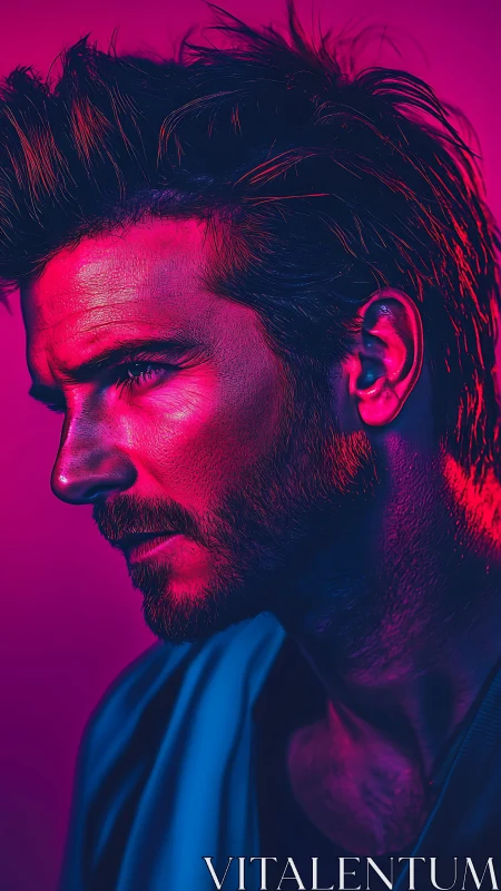 Neon storm profile of a brooding cyberpunk drifter.