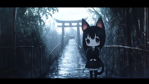 Cat-eared chibi girl on rainy shrine bridge in twilight.
