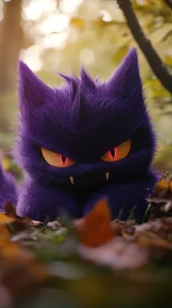 Furry purple creature with sharp eyes in autumn forest.