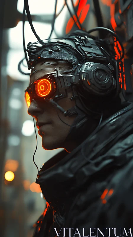 Cybernetic operative in glowing neural interface portrait.