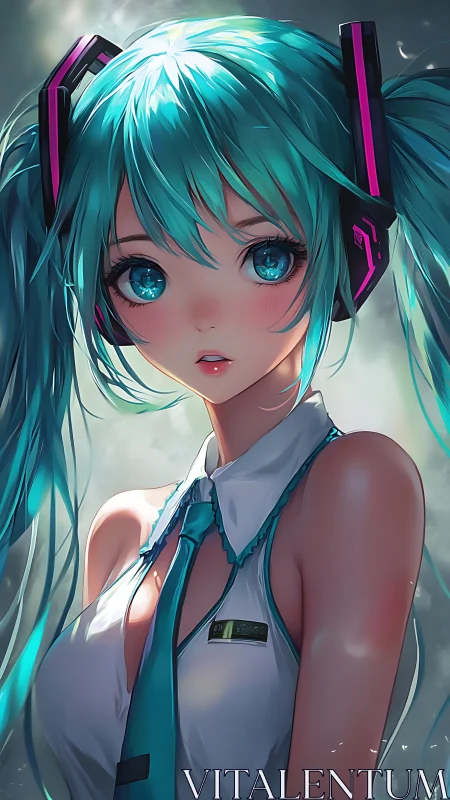 Vibrant teal-haired anime idol with futuristic headset portrait.