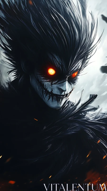 Infernal trickster with ember eyes in stormlit shadowed wings.