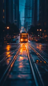 Night city tram on wet downtown street with reflections.