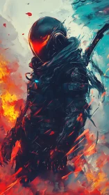 Armored cybernetic soldier stands amid abstract firestorm