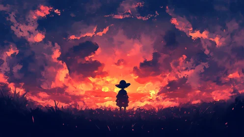 Small wanderer watches the sky ignite into painted fire