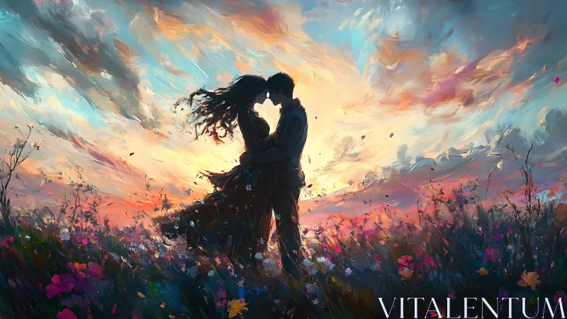 Silhouetted couple kissing in vibrant wildflower field at sunset.