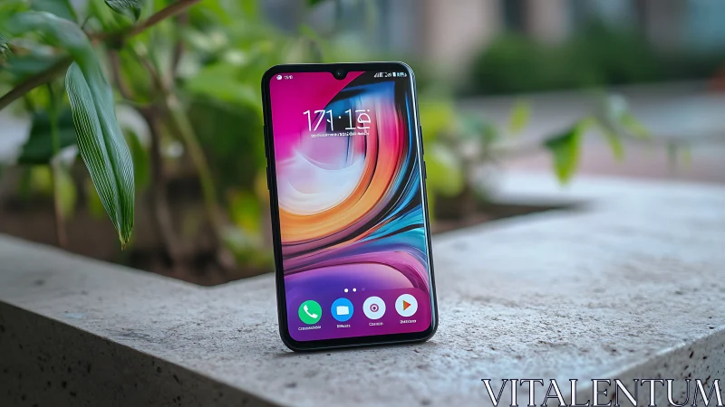 Smartphone displaying vibrant gradient wallpaper on concrete surface outdoors.