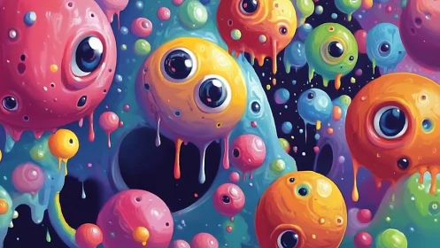 Dripping cosmic orbs float through neon cartoon galaxy.