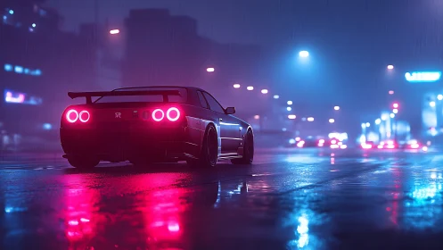 Rear view of sports coupe under neon lighting on wet street