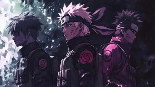 Three stylized ninja warriors stand in profile under split light