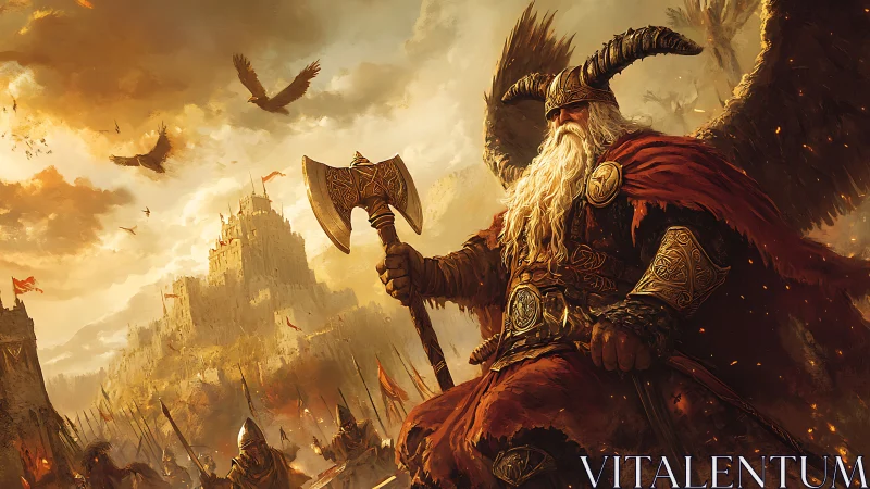 Winged warrior king watching over a blazing golden battlefield.