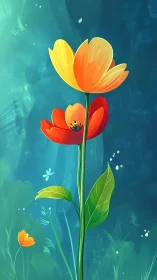 Vibrant Tulips Against Teal Gradient Background. Digital Botanical Art.