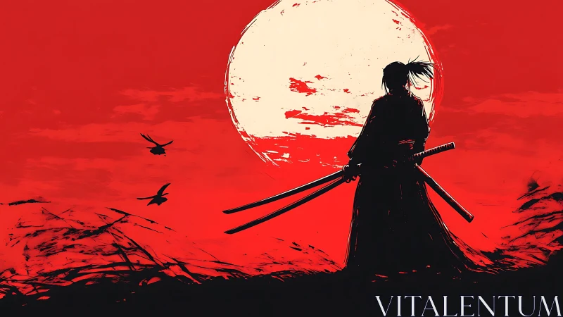 Lone samurai silhouette faces bloodred sun at dusk