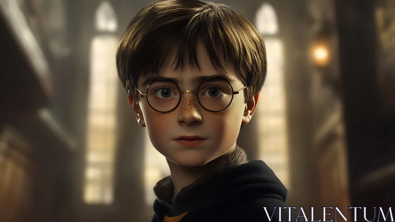 Young boy in glasses stands in a softly lit grand hall